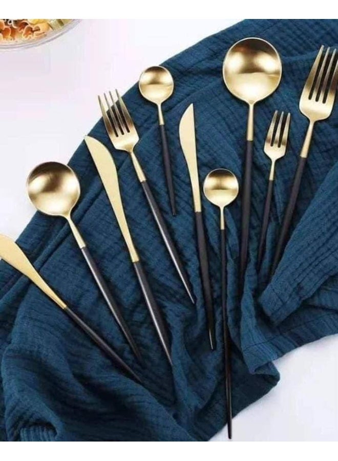 Gold and black stamped stainless steel cutlery set