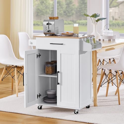 Yaheetech Kitchen Cart with Bamboo Tabletop 32 Width Rolling Kitchen Island with Drawer and Adjustable Shelf Storage Cabinet with Spice Rack Towel Bar for Dining Room Kitchen Living Room White