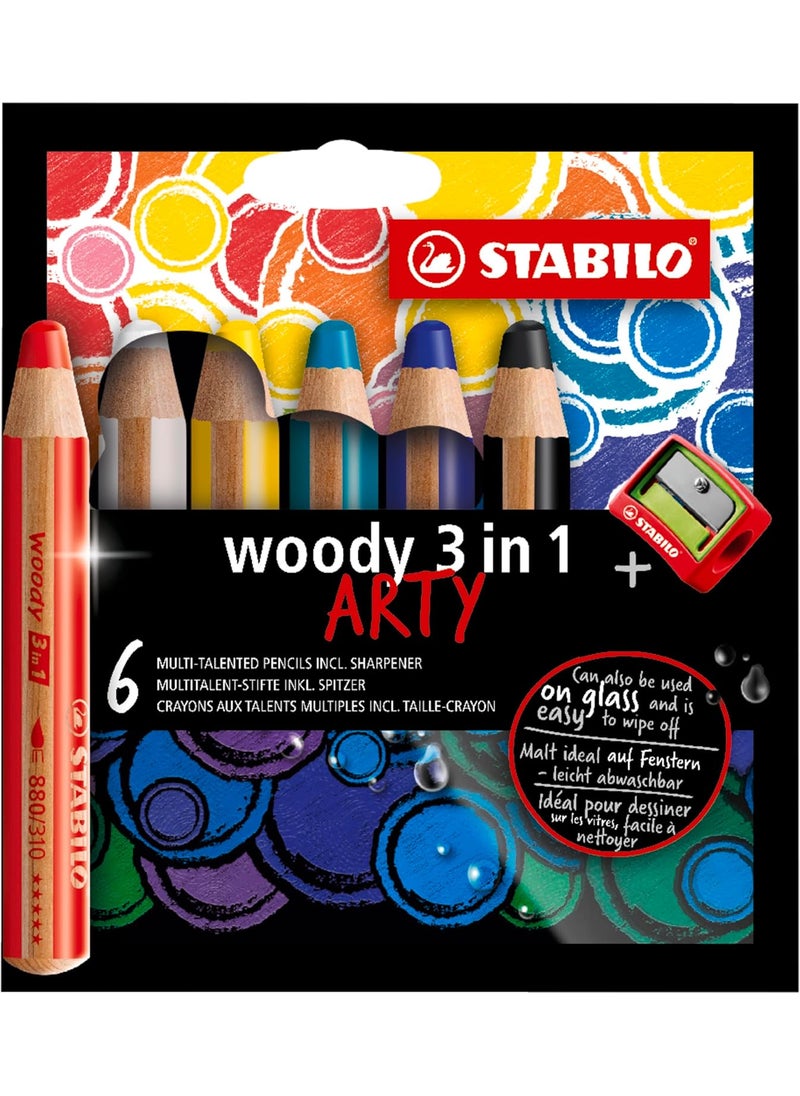 STABILO STABILO MultiTalented Pencil woody 3 in 1 ARTY  Pack of 6  Assorted Colors with Sharpener  - Image 1