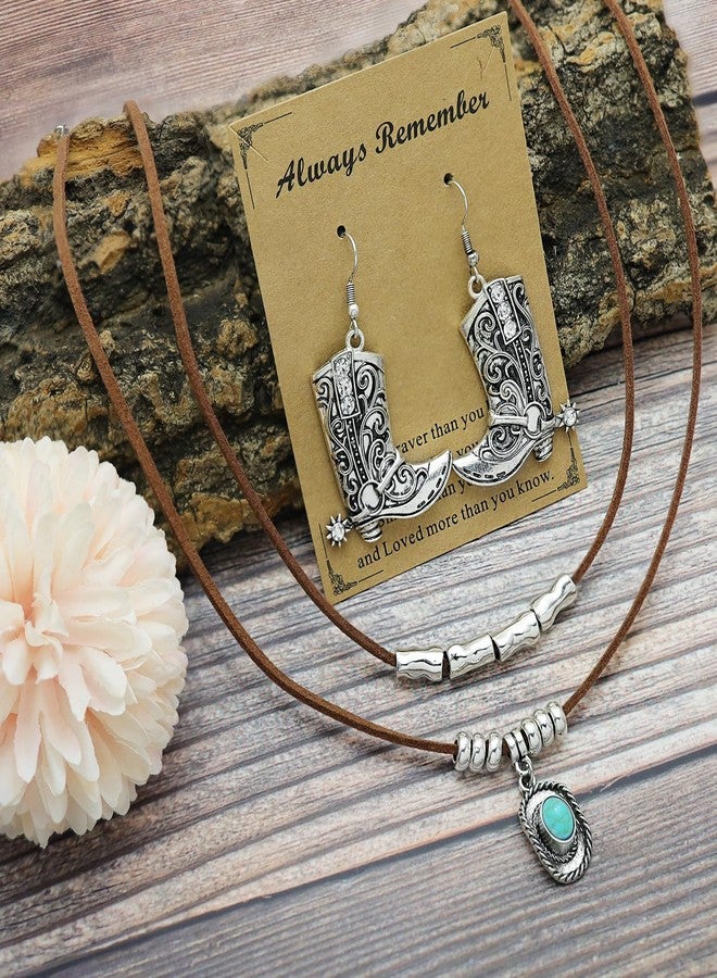 RechicGu Western Jewelry For Women Bohemian Layered Necklaces Cowgirl Cowboy Hat Earrings Set Imitation Turquoise Beads Pendant Faux Leather Choker West Outfits Accessories,Boot - Image 5