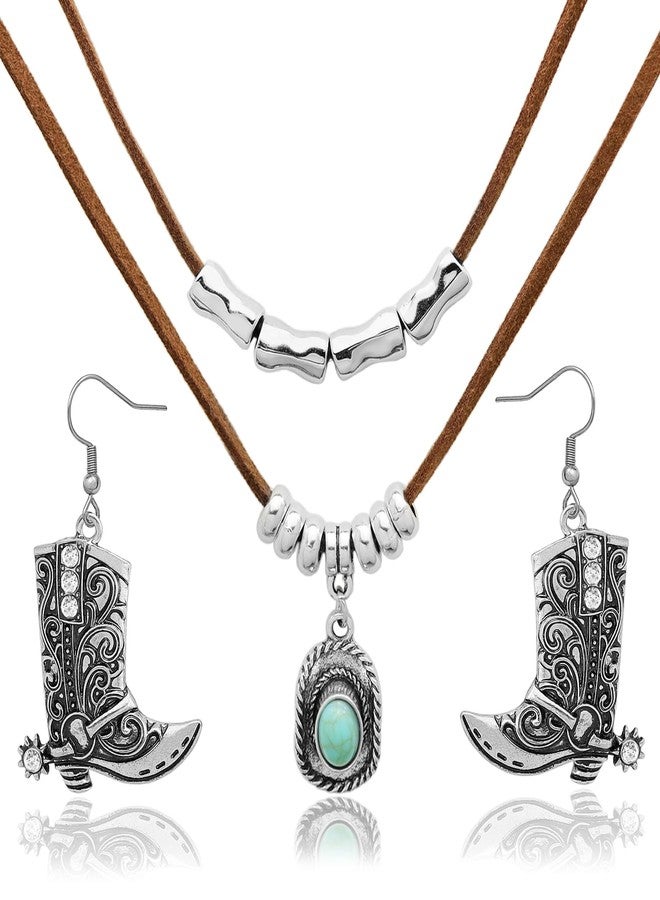 RechicGu Western Jewelry For Women Bohemian Layered Necklaces Cowgirl Cowboy Hat Earrings Set Imitation Turquoise Beads Pendant Faux Leather Choker West Outfits Accessories,Boot - Image 1