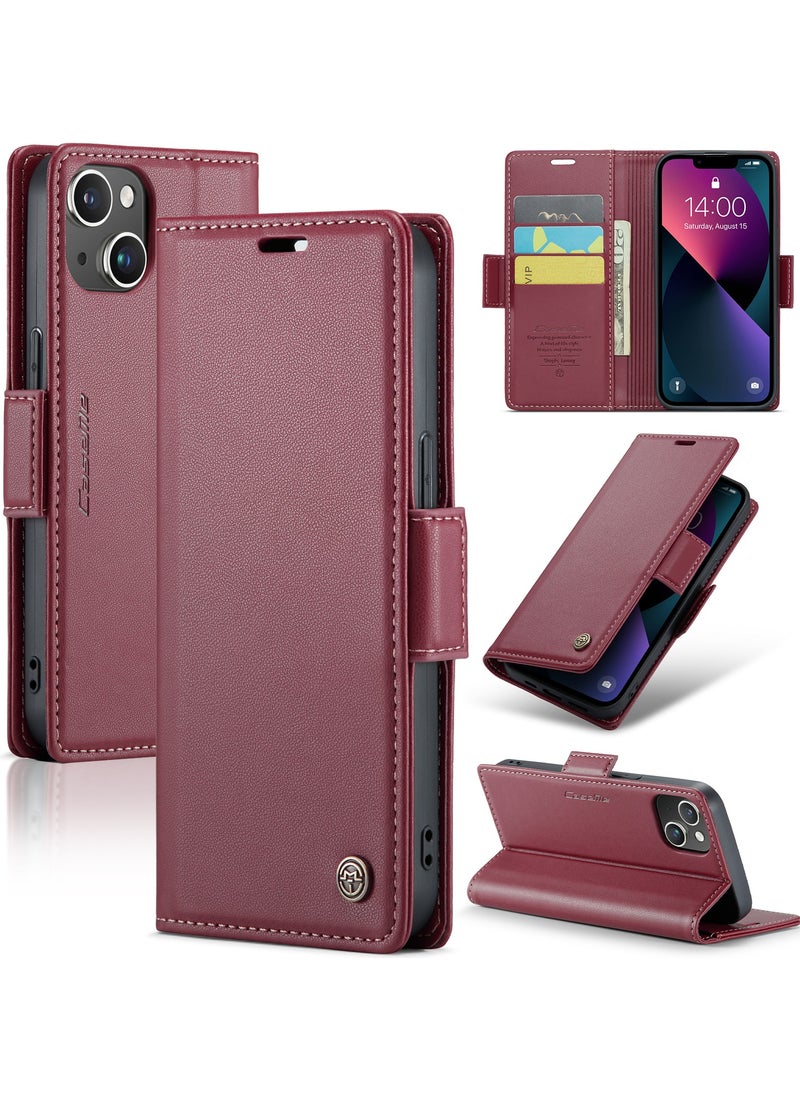 Flip Wallet Case for Apple iPhone 14 Plus, Leather Magnetic Attachment Flip Case Red