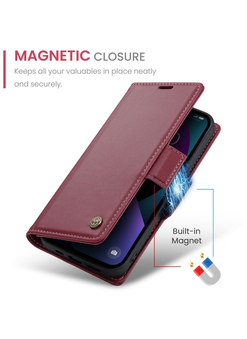 Flip Wallet Case for Apple iPhone 14 Plus, Leather Magnetic Attachment Flip Case Red