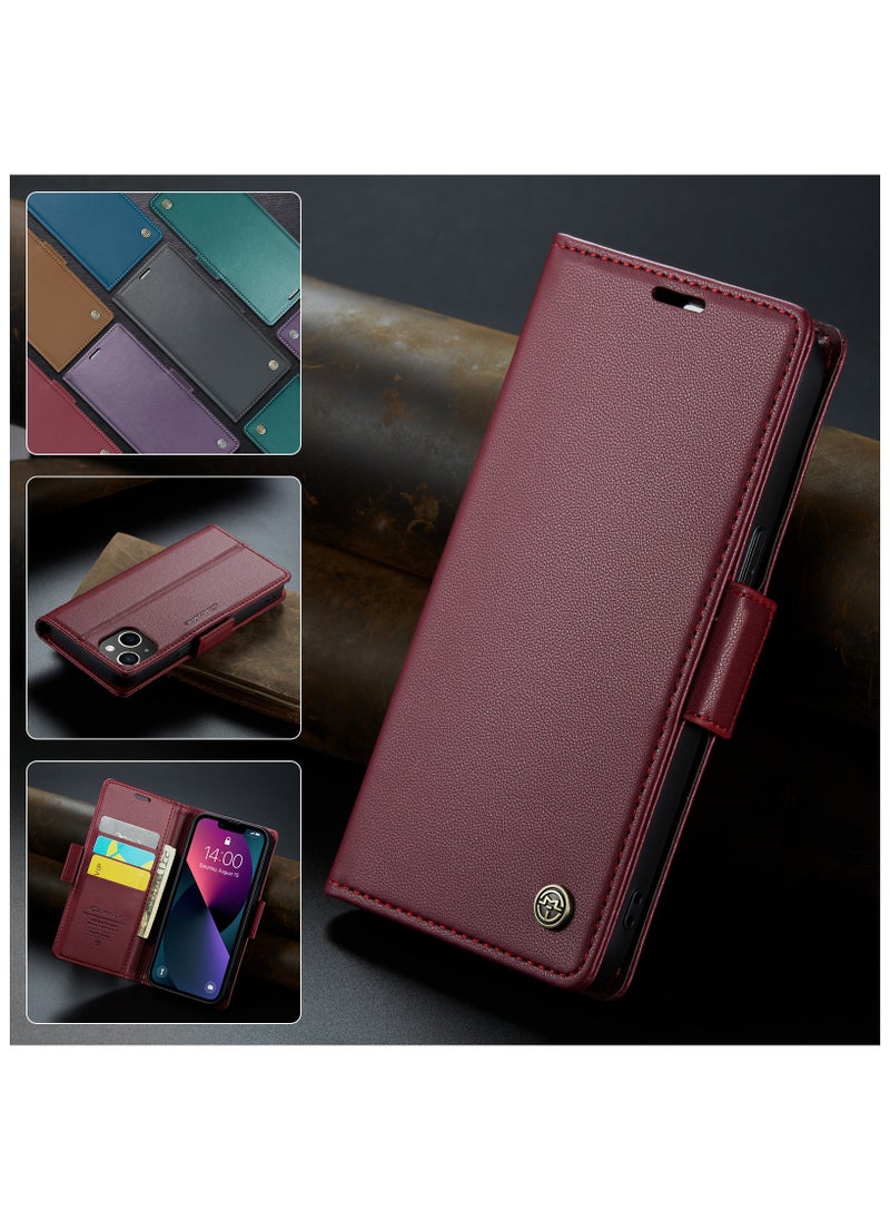 Flip Wallet Case for Apple iPhone 14 Plus, Leather Magnetic Attachment Flip Case Red