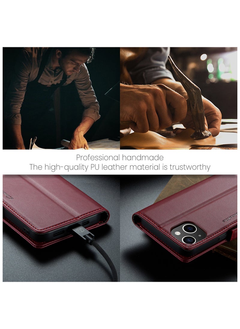 Flip Wallet Case for Apple iPhone 14 Plus, Leather Magnetic Attachment Flip Case Red
