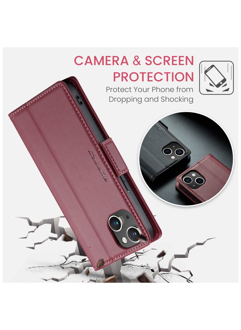 Flip Wallet Case for Apple iPhone 14 Plus, Leather Magnetic Attachment Flip Case Red