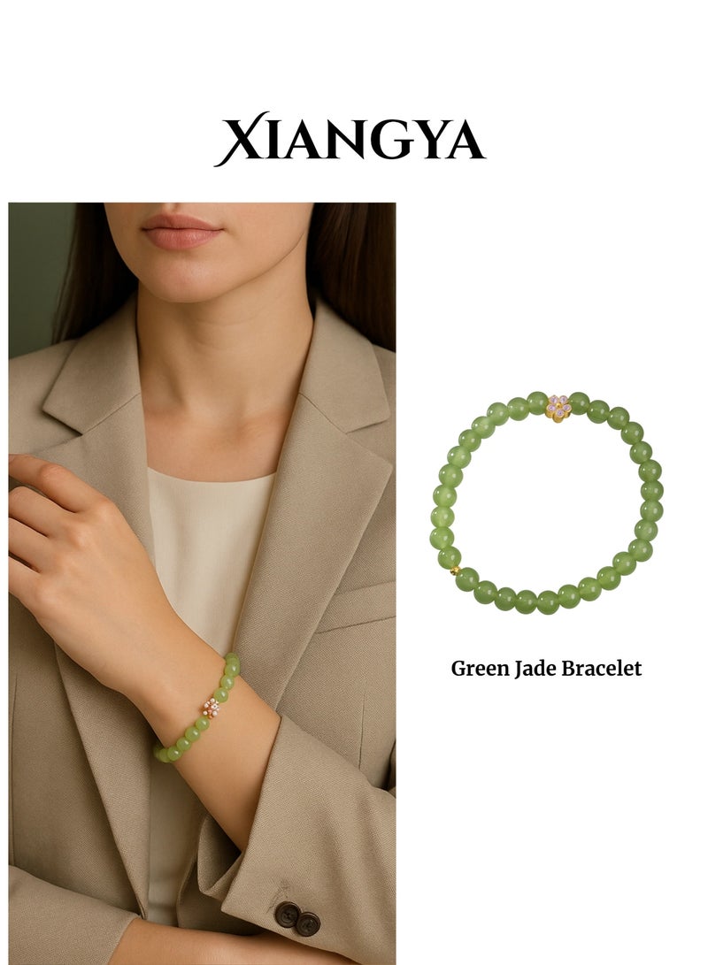 XIANGYA Green Jade Bracelet with Floral Sand-Gold Accent, 6MM Beads, Elastic Minimalist Jewelry | Blooming Jade - Image 1