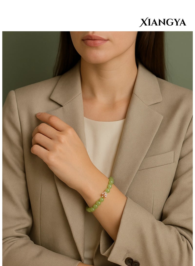 XIANGYA Green Jade Bracelet with Floral Sand-Gold Accent, 6MM Beads, Elastic Minimalist Jewelry | Blooming Jade - Image 4