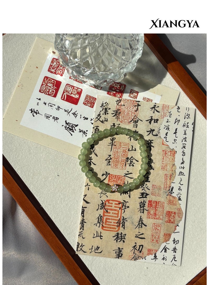 XIANGYA Green Jade Bracelet with Floral Sand-Gold Accent, 6MM Beads, Elastic Minimalist Jewelry | Blooming Jade - Image 5