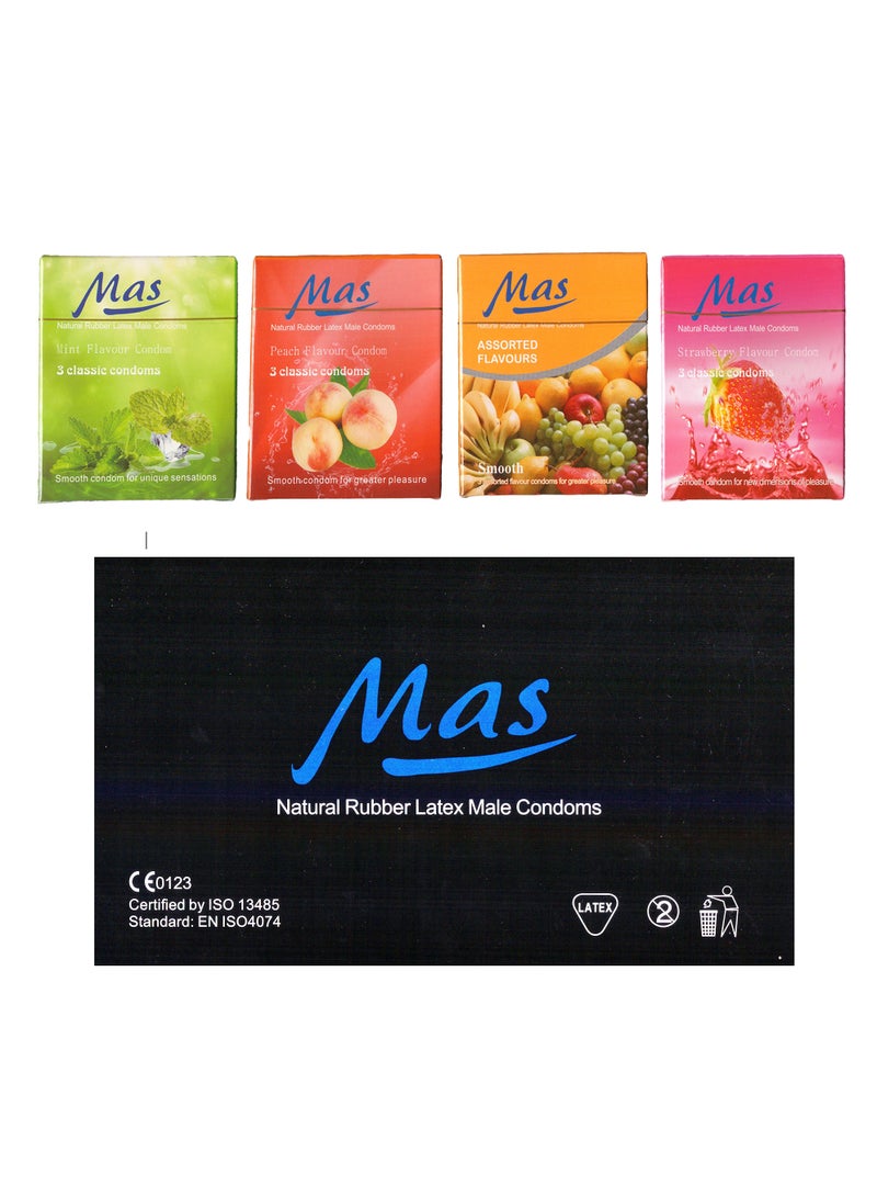 MAS Condoms Selected Flavors of Natural Rubber Latex Condoms, Assorted Fruits  Strawberry, Peach, Mint, 24 Packs of 3 Condoms - Image 1
