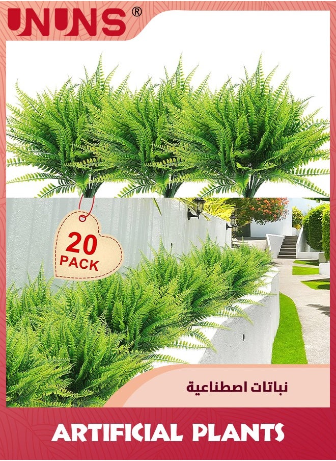 UNUNS 20 Bundles Artificial Plants,Outdoor Fake Boston Fern,Faux Plastic Plants Greenery For Garden Patio Planter Pathway Porch  - Image 1