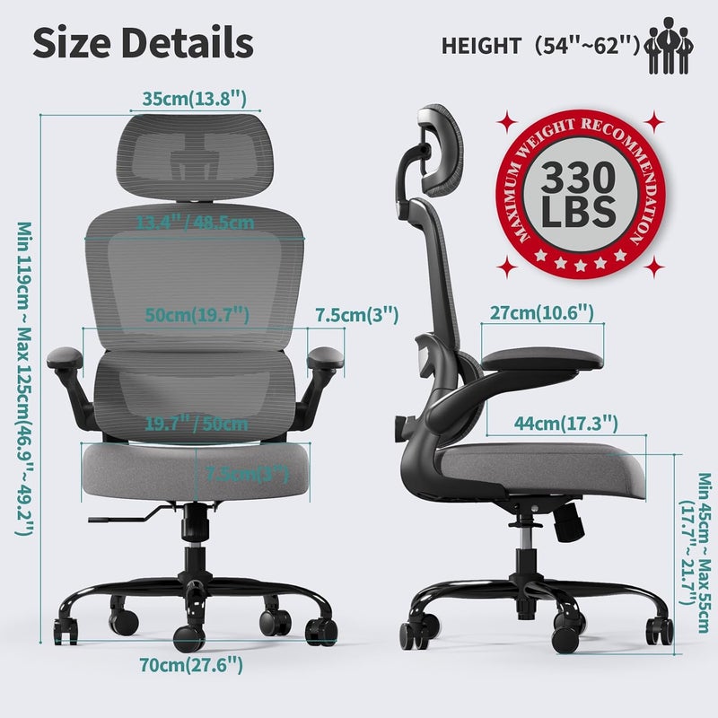 TRALT Office Chair Ergonomic Desk Chair, 330 LBS Home Mesh Office Desk Chairs with Wheels, Comfortable Gaming Chair, High Back Office Chair for Long Hours (Dark Grey) - Image 2