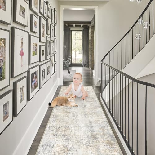 Capslpad 2x8 Modern Abstract Washable Runner Rug, Light Beige Non-Slip Runners for Hallways, Low Pile Kitchen Runner Rug, Ultra Soft Print Distressed Faux Wool Rug for Entryway, Bedroom, Laundry - Image 2