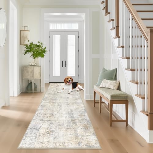 Capslpad 2x8 Modern Abstract Washable Runner Rug, Light Beige Non-Slip Runners for Hallways, Low Pile Kitchen Runner Rug, Ultra Soft Print Distressed Faux Wool Rug for Entryway, Bedroom, Laundry - Image 3