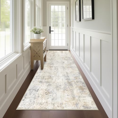 Capslpad 2x8 Modern Abstract Washable Runner Rug, Light Beige Non-Slip Runners for Hallways, Low Pile Kitchen Runner Rug, Ultra Soft Print Distressed Faux Wool Rug for Entryway, Bedroom, Laundry - Image 1