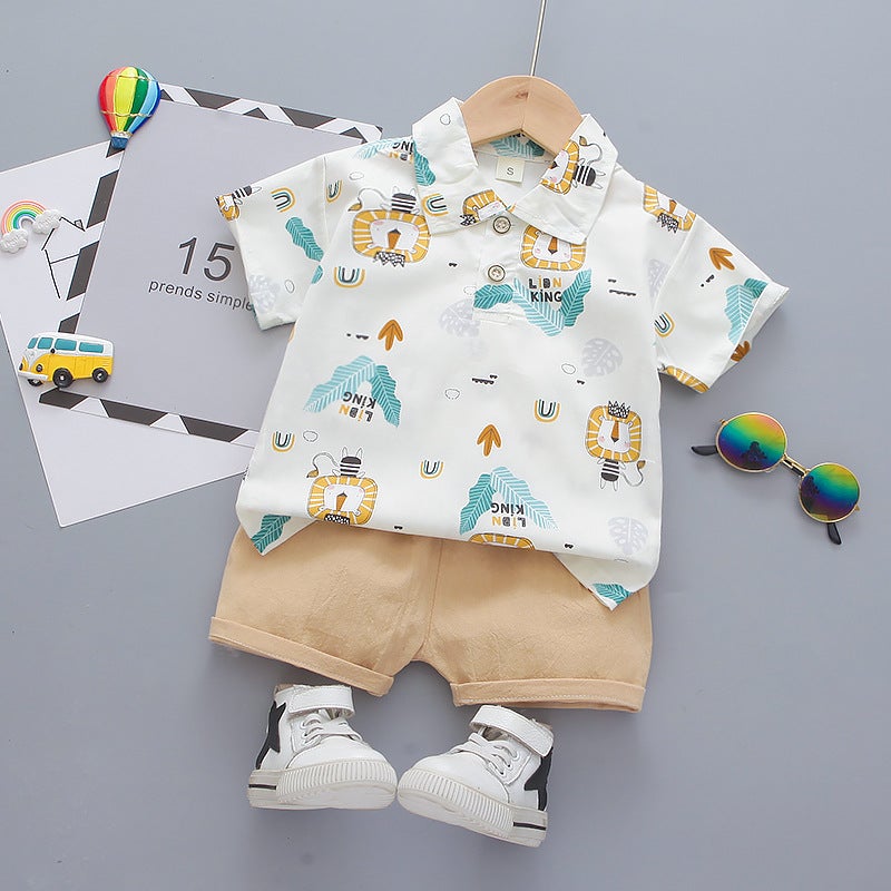 Babys Summer Dress Boys Babys Short-sleeved suit Handsome Short-sleeved Shirt Fashionable Two-piece Set Childrens Thin Casual Wear White