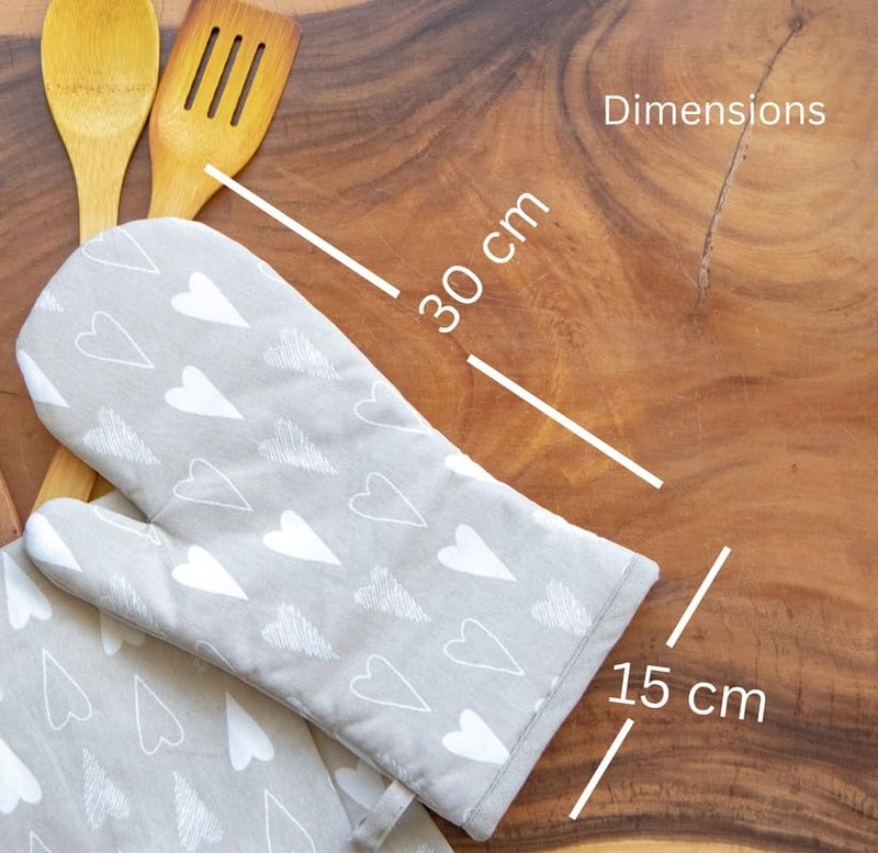 Oak & Lily 100% Cotton Oven Mittens (Set of 2) | Heat Proof, Quilted & Washable | 15 x 30 cm | European Quality Oven Mitts | Ideal for Cooking & Baking | Beige & Ivory Heart - Image 2