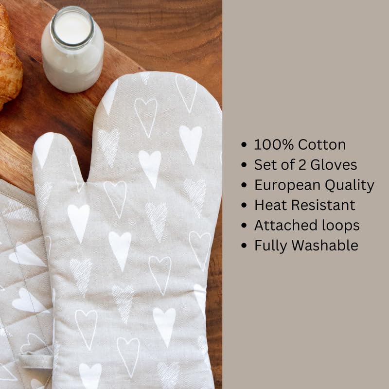 Oak & Lily 100% Cotton Oven Mittens (Set of 2) | Heat Proof, Quilted & Washable | 15 x 30 cm | European Quality Oven Mitts | Ideal for Cooking & Baking | Beige & Ivory Heart - Image 5