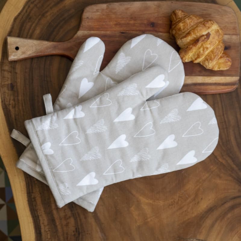 Oak & Lily 100% Cotton Oven Mittens (Set of 2) | Heat Proof, Quilted & Washable | 15 x 30 cm | European Quality Oven Mitts | Ideal for Cooking & Baking | Beige & Ivory Heart - Image 1