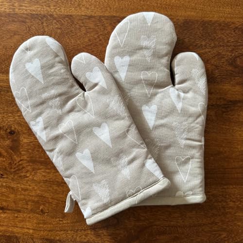 Oak & Lily 100% Cotton Oven Mittens (Set of 2) | Heat Proof, Quilted & Washable | 15 x 30 cm | European Quality Oven Mitts | Ideal for Cooking & Baking | Beige & Ivory Heart - Image 3