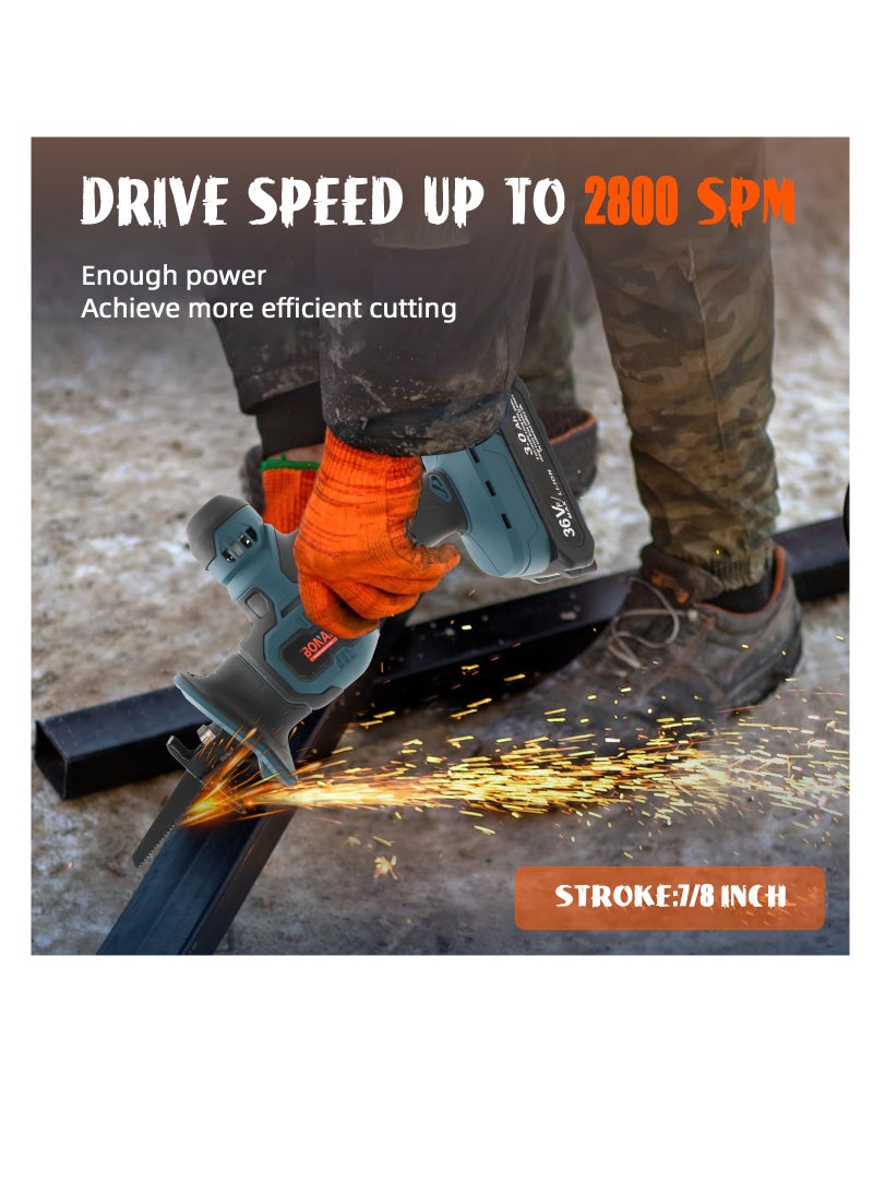 BONAI - DC36VF Cordless Reciprocating Saw  High Performance at 2800 RPM with 20mm Stroke Length, LED Light, and Tool-Less Blade Change 3Ah Battery, Charger, and Bonus 100mm Wood Cutting Blade. - Image 1