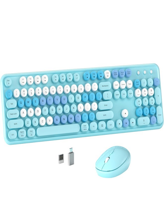 MPTOG Colorful Wireless Computer Keyboard and Mouse Combo with Round Typewriter Keycaps, Retro Design, Power Switch, Ergonomic Design, 2.4GHz Wireless for Windows, Mac, PC (Blue-Colorful) - Image 1