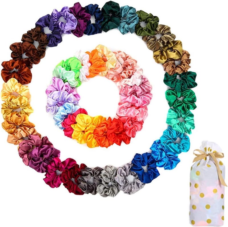 Yanwenx 50 Satin Hair Scrunchies in Multiple Colors - Silk Accessories for Curly Hair, Teens and Girls - With Gift Bag - Image 1
