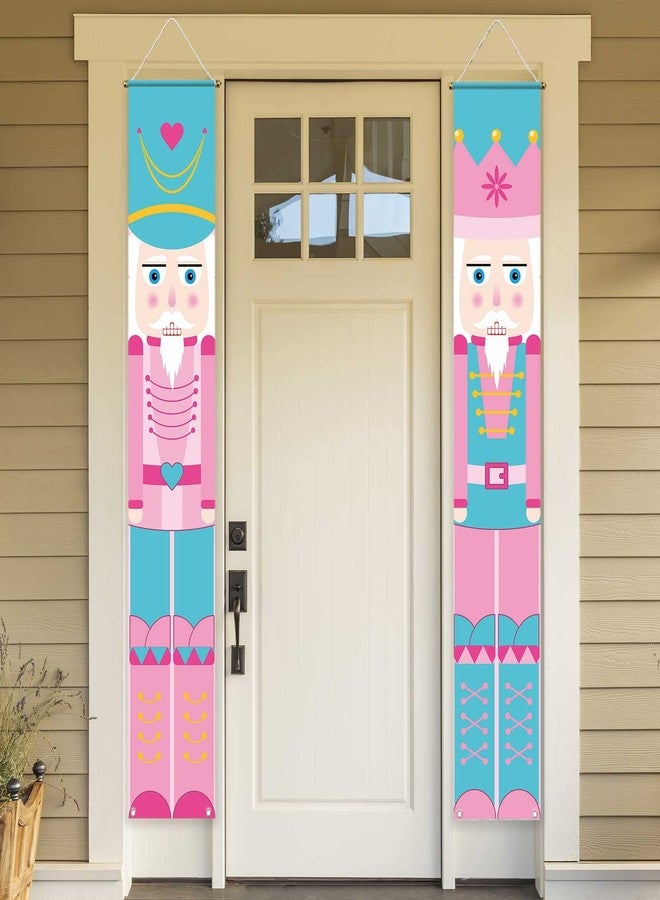 Allenjoy 11.8" x 70.9" 2PCS Pink Nutcracker Soldier Porch Sign Fairy Tale Christmas Party Welcome Xmas Door Yard Banner Polyester Wall Hanging Flags Decors Windproof Home Events Supplies - Image 1