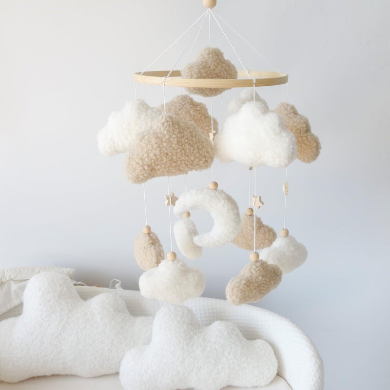 Goukurlsma Neutral Boho Cloud Mobile for Crib with Moon Neutral Baby Crib Mobile Boho Crib Mobile Boucle Baby Mobile for Crib Bassinet - Image 2