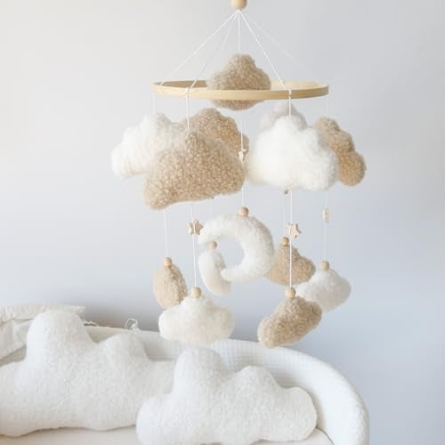 Goukurlsma Neutral Boho Cloud Mobile for Crib with Moon Neutral Baby Crib Mobile Boho Crib Mobile Boucle Baby Mobile for Crib Bassinet - Image 1