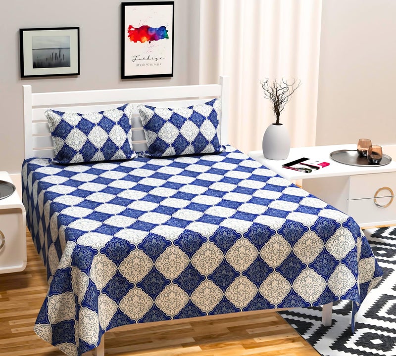 RVS DECOR 180 TC Cotton Blend Queen Bedsheet with 2 Pillow Covers (Blue, 90x85 in), Soft, Durable & Elegant Combo Set - Image 1