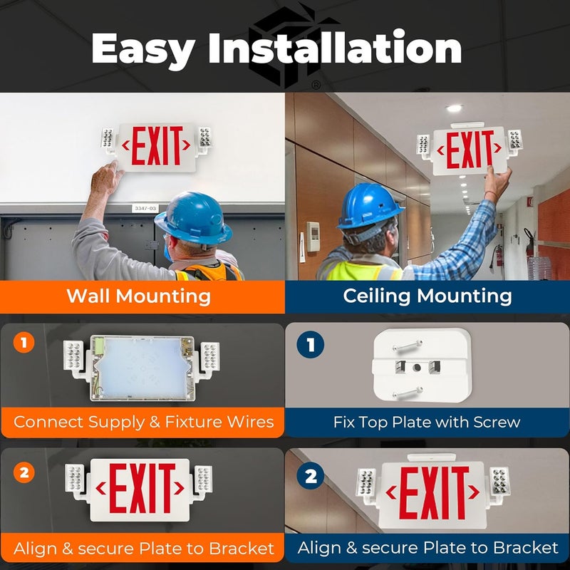 Light Fixture Industries LFI Lights® Thin COMBO UL 924 Listed, Red LED, Exit Sign with Emergency Lights, White, 120-277VAC Hardwired with Battery Backup, Optional Double Face and Knock Out Arrows COMBOTRWBB - Image 4