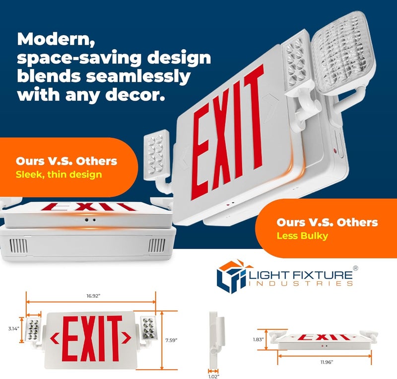 Light Fixture Industries LFI Lights® Thin COMBO UL 924 Listed, Red LED, Exit Sign with Emergency Lights, White, 120-277VAC Hardwired with Battery Backup, Optional Double Face and Knock Out Arrows COMBOTRWBB - Image 2
