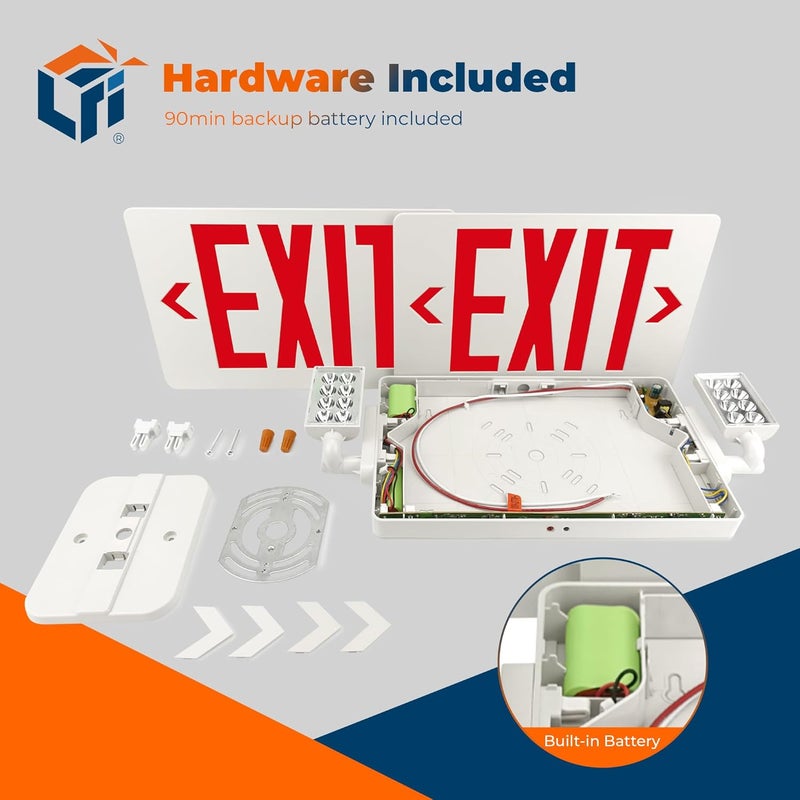 Light Fixture Industries LFI Lights® Thin COMBO UL 924 Listed, Red LED, Exit Sign with Emergency Lights, White, 120-277VAC Hardwired with Battery Backup, Optional Double Face and Knock Out Arrows COMBOTRWBB - Image 5