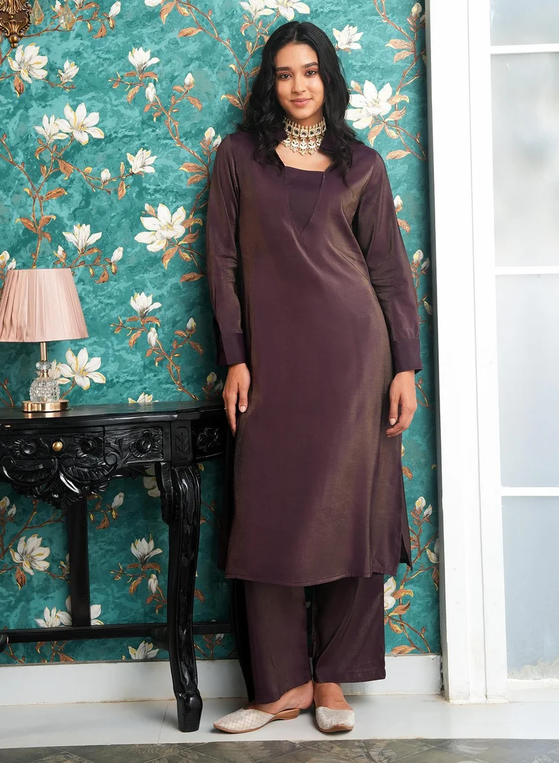 QISSA Women's Grape Purple Dusk Ensemble Kurta Set For Casual Wear | Spread Collar | Long Cuffed Sleeves | 2 Piece Kurta Set Designed With Comfort Fit For Everyday Ethnic Wear
