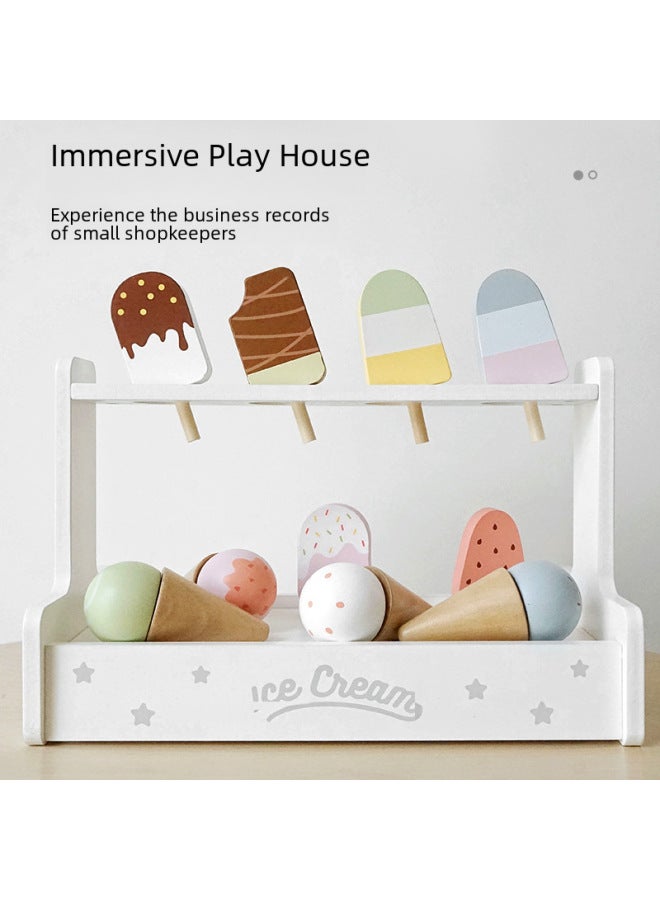 Wooden Imitation Ice Cream Toy Combination Set Children's Play Home Popsicle Sweetheart Ice Cream Ins Wind Building Blocks-Color:Three-layer Snack Table - Image 3