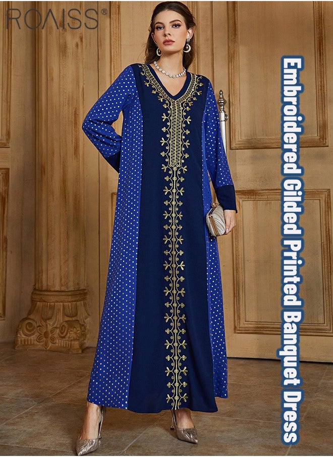 roaiss Women's Gilded Embroidered Pullover Dress Classic V-Neck Long Sleeve Design Banquet Dress Casual Loose Ankle Length Dress  - Image 3