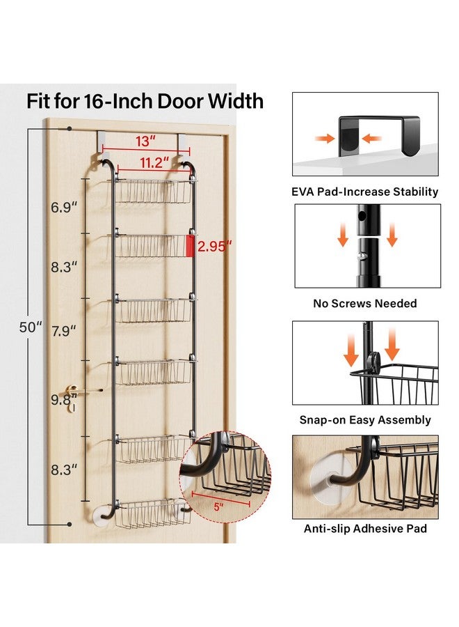 Delamu Narrow Over the Door Pantry Organizer, 6-Tier Metal Pantry Door Organization and Storage for Easy Install, Hanging Spice Rack Seasoning Shelves for Cabinet & Kitchen, D5 x W13 x H50 inch, Black - Image 2