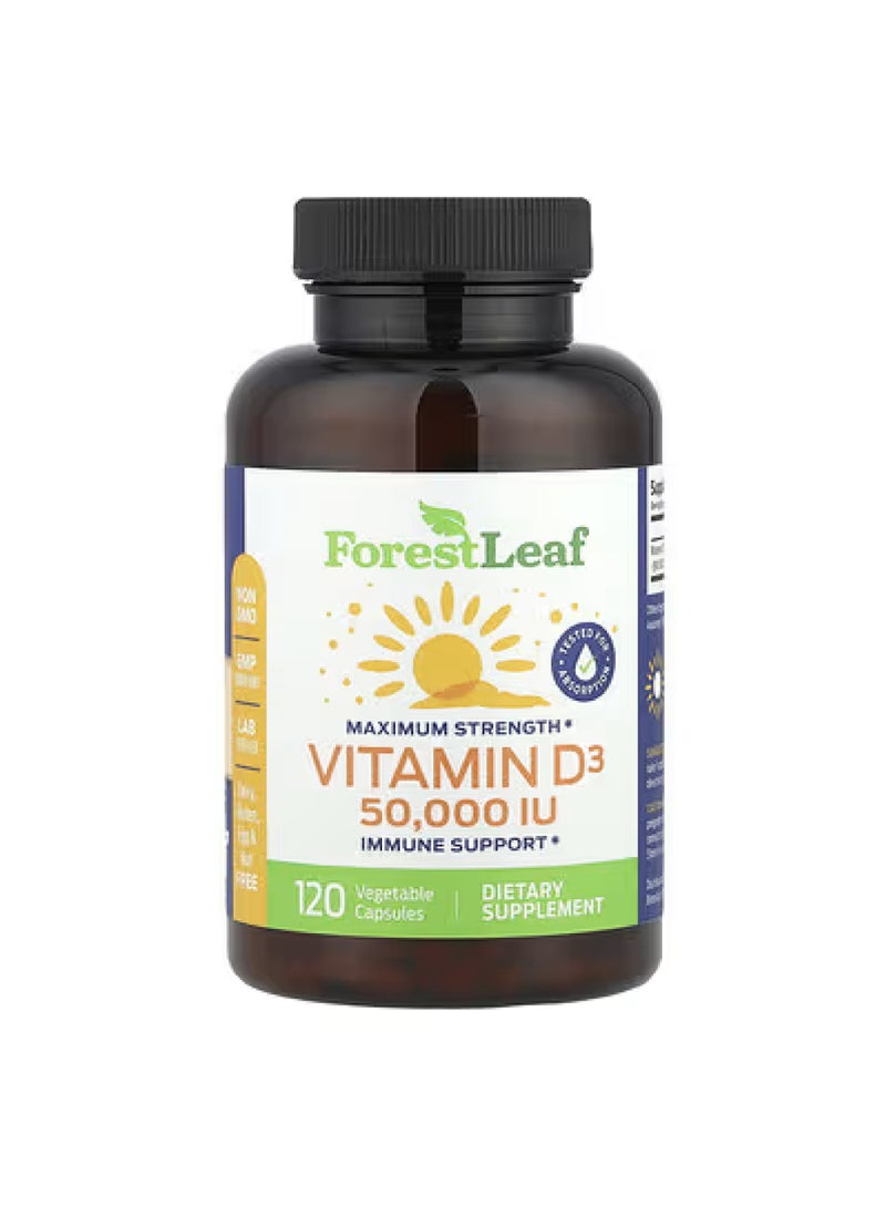 ForestLeaf Maximum Strength, Vitamin D3, 1,250 mcg (50,000 IU), 120 Vegetable Capsules