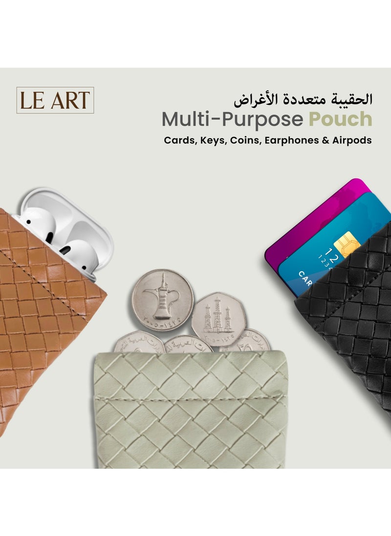 LeArt Leather Squeeze Coin Pouch for Men & Women | Coin Purse | Coin Holder | For Coins, Keys, Earphones, Cards, AirPods, Rosary | Great Gifting Option (Woven Beige)  - Image 3