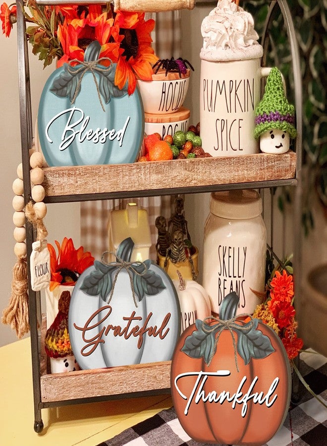 ARTDMT Thanksgiving Day Fall Sign Table Decorations for Home, 3 Pcs Wooden Fall Thanksgiving Pumpkin Sign with Farmhouse Ornaments Fall Decorations for Home, Fall Thanksgiving Grateful Blessed Decor for Living Room, Tables, Tiered Tray, Mantel, Dining Table - Image 3
