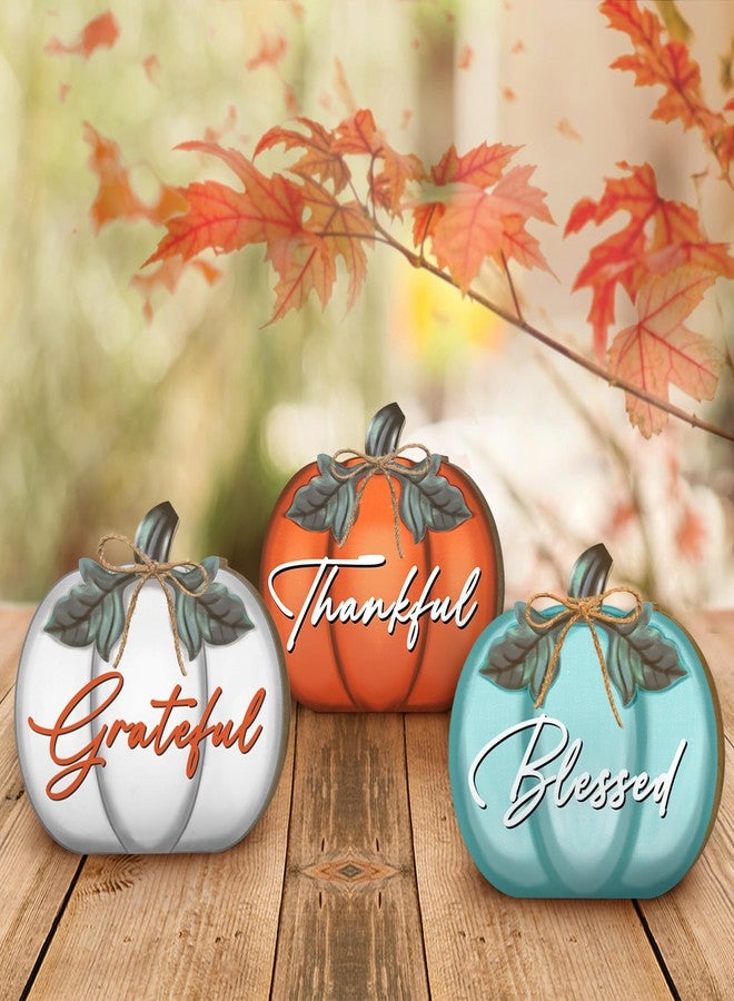 ARTDMT Thanksgiving Day Fall Sign Table Decorations for Home, 3 Pcs Wooden Fall Thanksgiving Pumpkin Sign with Farmhouse Ornaments Fall Decorations for Home, Fall Thanksgiving Grateful Blessed Decor for Living Room, Tables, Tiered Tray, Mantel, Dining Table - Image 2