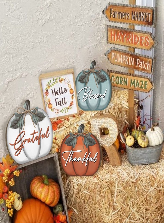 ARTDMT Thanksgiving Day Fall Sign Table Decorations for Home, 3 Pcs Wooden Fall Thanksgiving Pumpkin Sign with Farmhouse Ornaments Fall Decorations for Home, Fall Thanksgiving Grateful Blessed Decor for Living Room, Tables, Tiered Tray, Mantel, Dining Table - Image 5