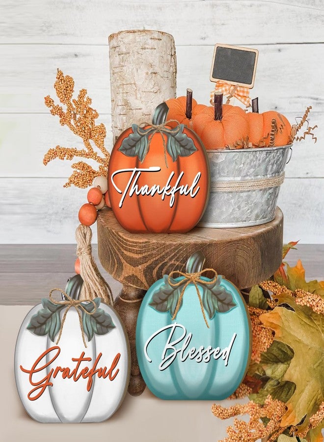 ARTDMT Thanksgiving Day Fall Sign Table Decorations for Home, 3 Pcs Wooden Fall Thanksgiving Pumpkin Sign with Farmhouse Ornaments Fall Decorations for Home, Fall Thanksgiving Grateful Blessed Decor for Living Room, Tables, Tiered Tray, Mantel, Dining Table - Image 1