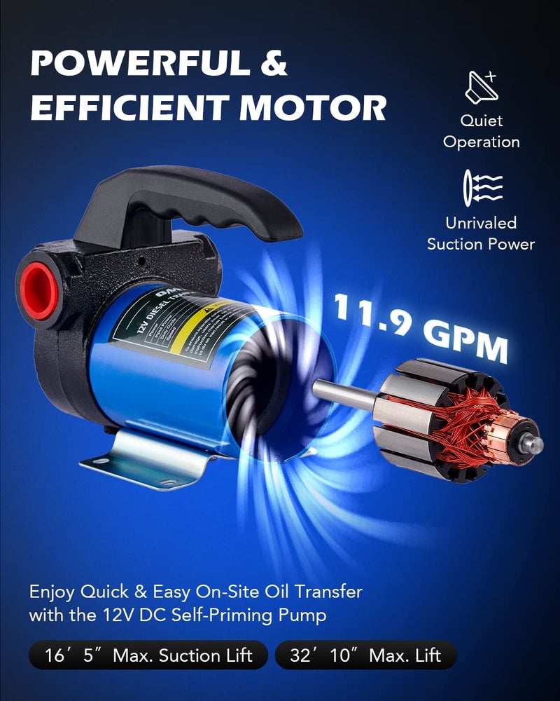 Orion Motor Tech مضخة نقل الديزل من أوريون موتور تكنولوجي، مضخة نقل وقود 12 فولت مع خراطيم فوهة لنقل الديزل، الكيروسين، زيت الآلات، زيت المحولات، مجموعة مضخة وقود كهربائية ذاتية التحضير - Image 4