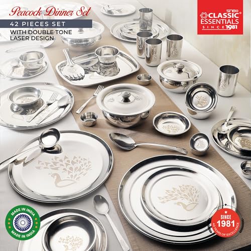Classic Essentials Stainless Steel Dinner Set|Serves 4 People|Heavy Gauge|Kitchen Set|Permanent Laser-Peacock, Set of 42 - Image 2