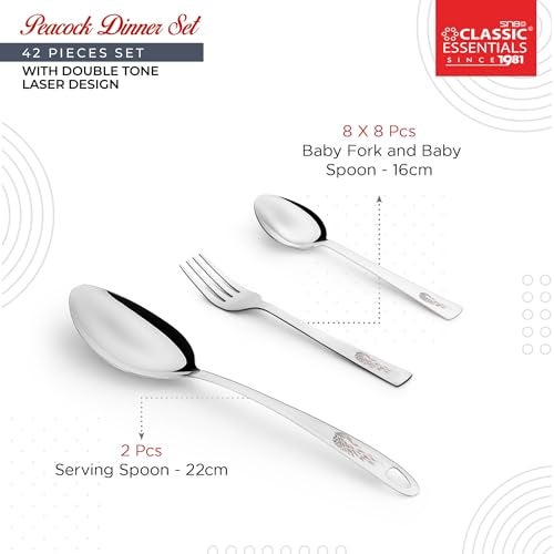 Classic Essentials Stainless Steel Dinner Set|Serves 4 People|Heavy Gauge|Kitchen Set|Permanent Laser-Peacock, Set of 42 - Image 5
