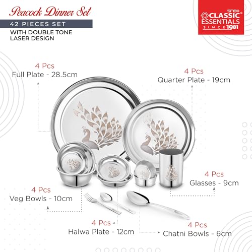 Classic Essentials Stainless Steel Dinner Set|Serves 4 People|Heavy Gauge|Kitchen Set|Permanent Laser-Peacock, Set of 42 - Image 4