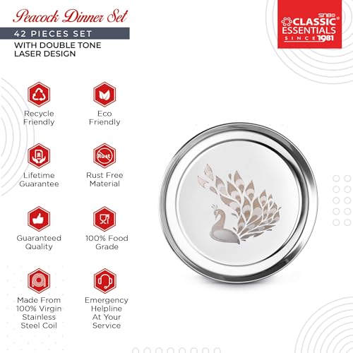 Classic Essentials Stainless Steel Dinner Set|Serves 4 People|Heavy Gauge|Kitchen Set|Permanent Laser-Peacock, Set of 42 - Image 3