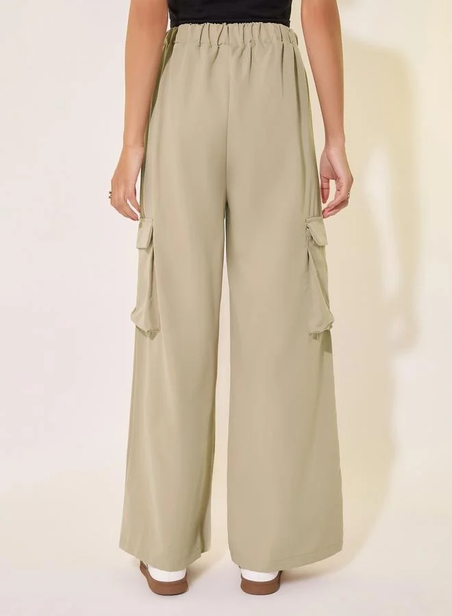 تايك تو Solid Mid-Rise Wide Leg Cargo Pants